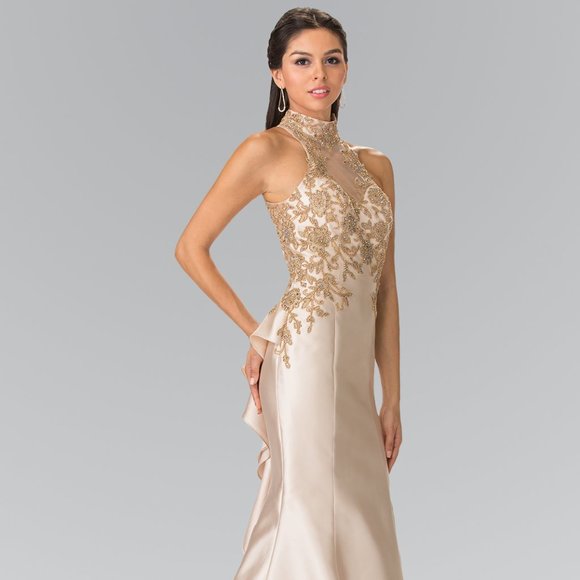 NEW LONG SLEEVELESS SHEATH SATIN GOWN EMBROIDERED WITH RHINESTONES & LACE GL2280 - Picture 1 of 12